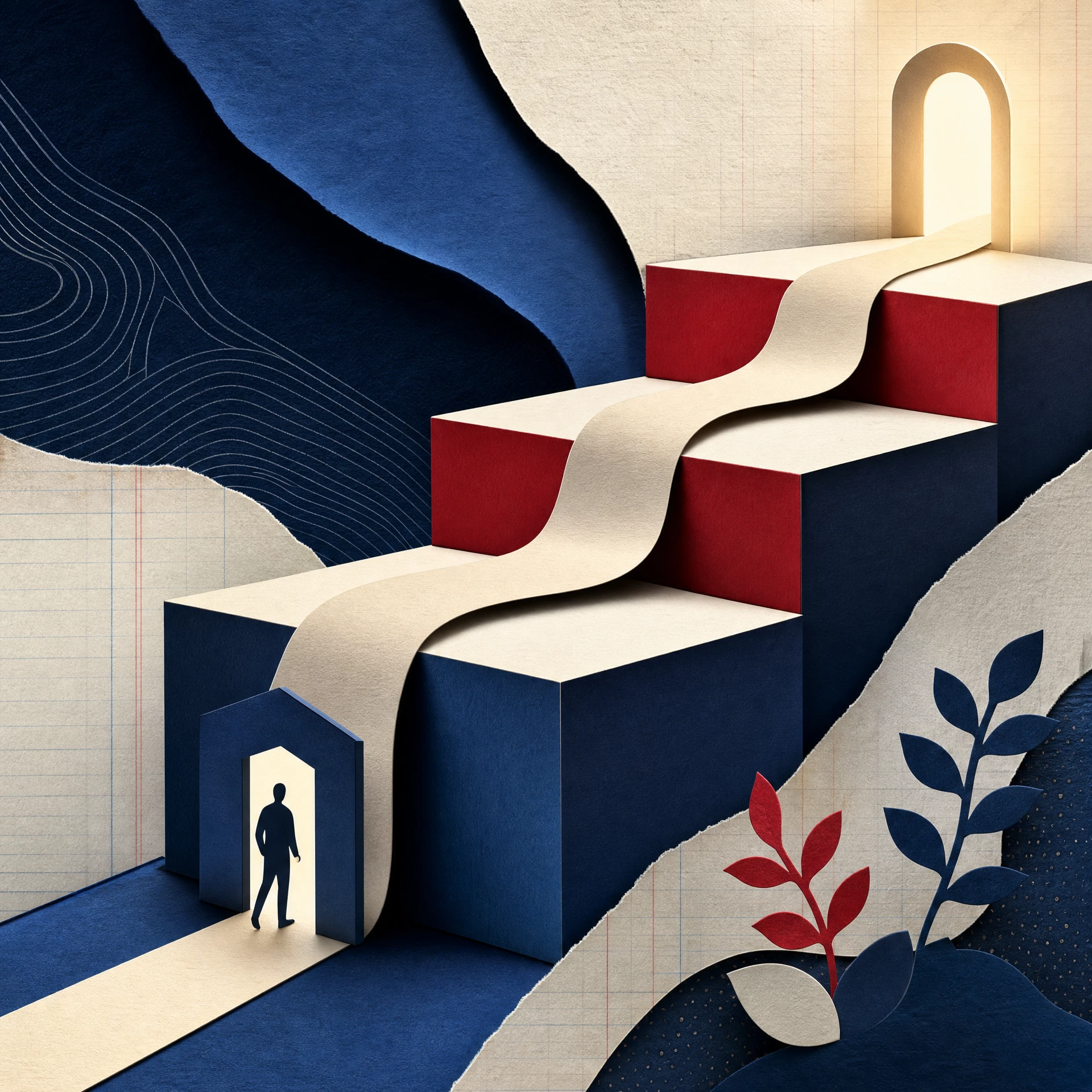 Abstract pathway through layered foundation blocks